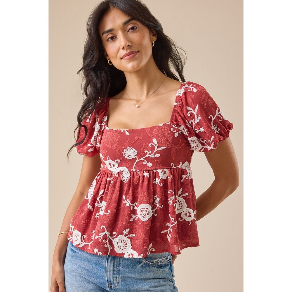 ALTAR'D STATE | Gretchen Embroidered Babydoll Top M Red Floral Puff Sleeve Boho